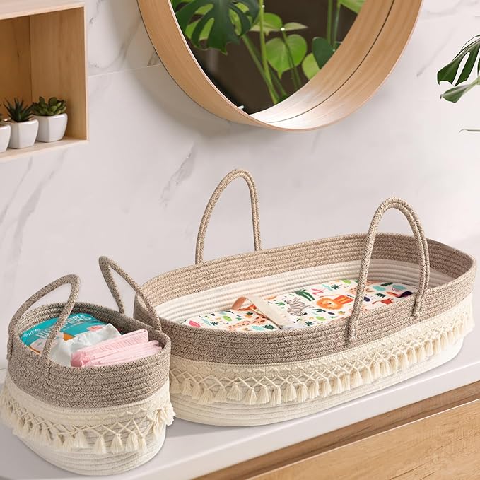 Baby Changing Basket, Boho Moses Baskets for Newborn, Baby Basket for Baby Dresser, Diaper Changing Basket for Baby with Diaper Caddy, Cartoon Changing Pad, Waterproof Sponge Cushion, Storage Bag
