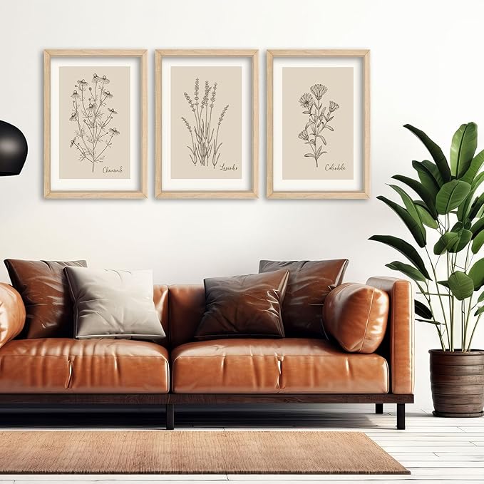 YWJKWLGS Vintage Botanical Wall Art 11x16 Inch Set Of 3 Wooded Framed Minimalist Rustic Wildflower Pictures Floral Sign Bedroom Wall Hanging Decor (Wood)