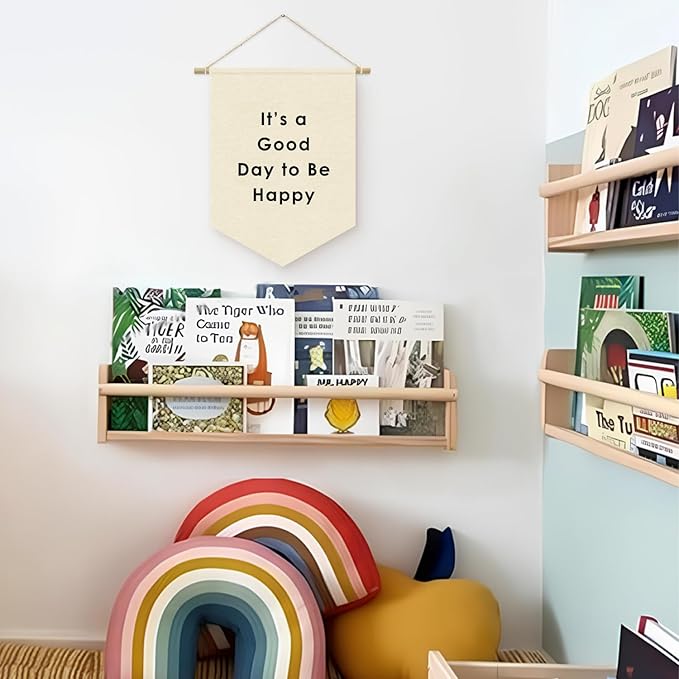 It's a Good Day to Be Happy Canvas Banner Flag - Inspirational Wall Decor for Kids Nursery, Toddler Reading Corner Nook Classroom Library, Wall Hanging Pennant Flag 15x11in
