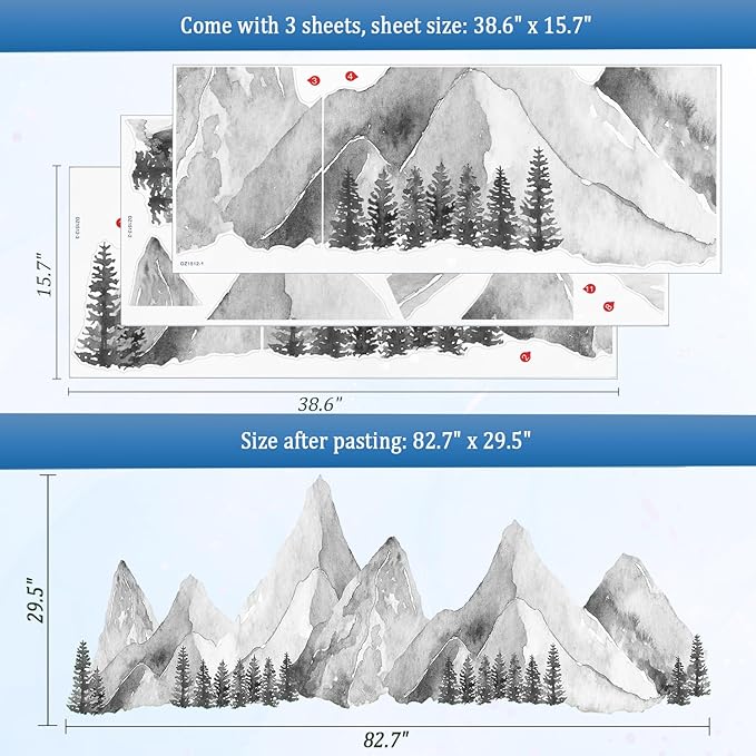 Large Mountain Wall Decals, Gray Pine Tree Peel and Stick Vinyl Wall Stickers & Murals, Removable Home Room Wall Decor for Bedroom Living Room Bedroom Classroom Office Nursery