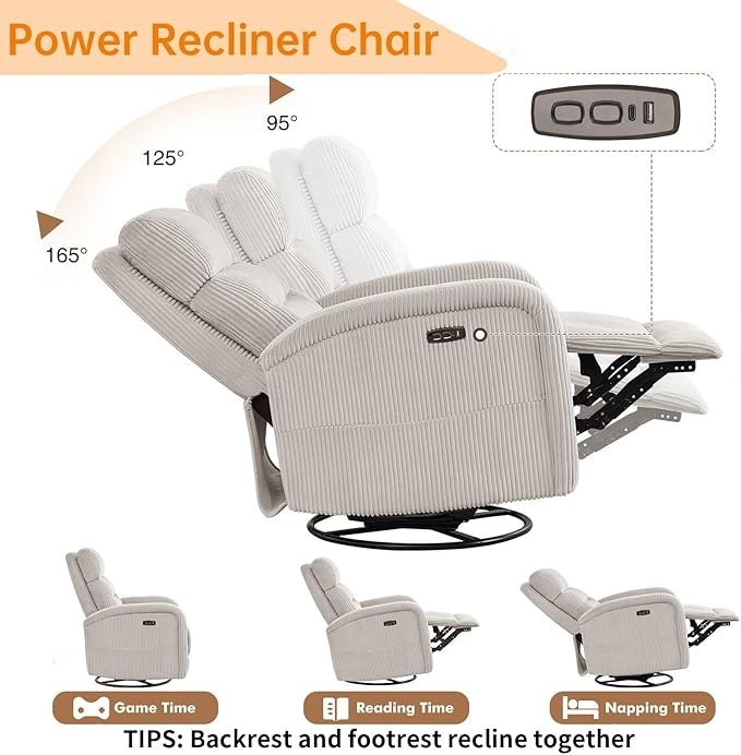 Power Recliner Glider for Nursery, Electric Swivel Rocker Recliner Chair with USB, Comfy Recliner Chairs for Living Room, Bedroom, Bedroom, Corduroy Camel