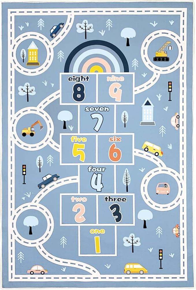 Hopscotch Car Rug 10Ft Extra Large Blue Kids Play Mat Rainbow Classroom Carpet for Children Boys Girls Bedroom Educational Learning Area Rug, Preschool Car Road, 6.6x9.8Ft