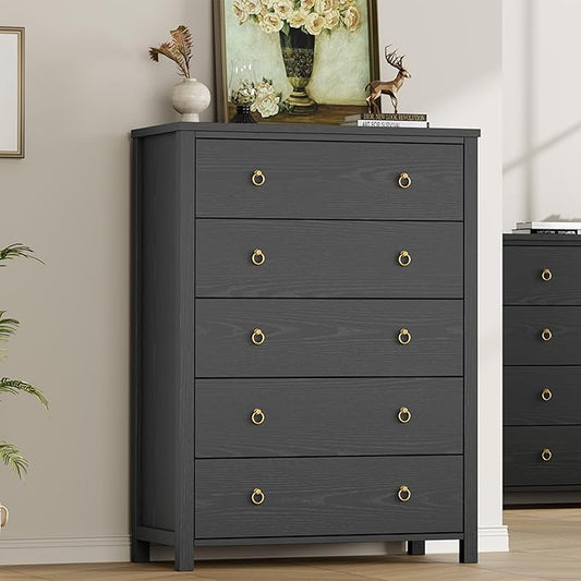 IDEALHOUSE Dresser for Bedroom with 5 Drawers, 45'' Tall Chest of Large Drawers with Large Clothes Storage Cabinet, Wood Bedroom Dresser, TV Stand for Nursery, Living Room, Enterway, Black