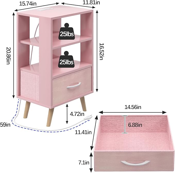 Night Stand with Charging Station, Pink Kids Nightstand with Drawer, 3-Tier Nursery Bedside Table with USB Ports and Outlets, End Table for Small Space, Living Room, Bedroom