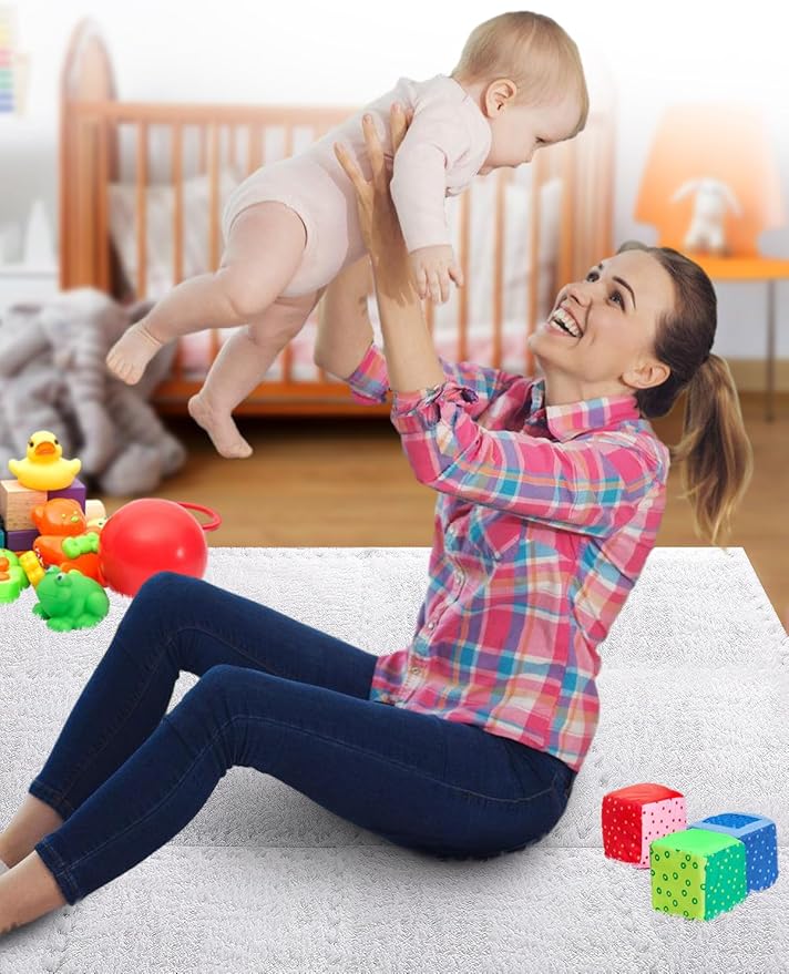 12 pcs Thickened Plush Foam Interlocking Floor Mat, Interlocking Foam Tiles with Edgings for Baby, Soft Anti-Slip Puzzle Area Square Rug Playmat for Children Room Bedroom(11.8", White)