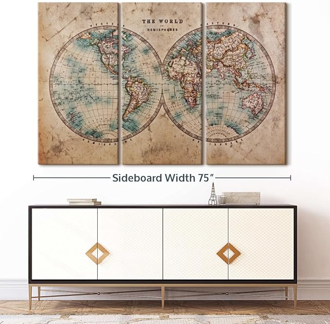 ElephantStock Hemisphere Map Wall Art Multi Piece Canvas - 3 Piece Canvas World Map Wall Decor - Wall Decor - Vintage Wall Art - 74" X 48"