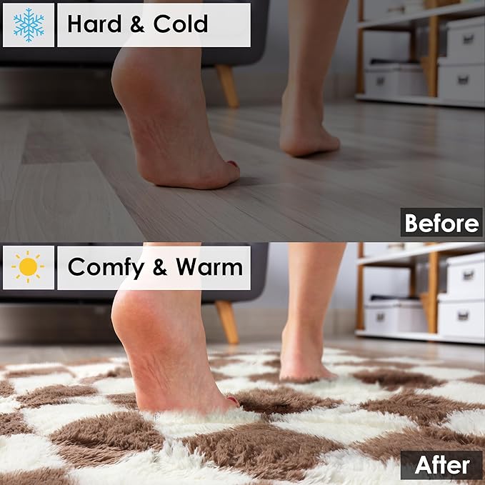 KICMOR Living Room Rug 5x8 Brown and Cream White, Large Fluffy Shag Fuzzy Checkered Area Rugs Shaggy Bedroom Carpet, Indoor Soft Plush Furry Big Rug for Teen Kids Boys Girls Room Nursery Home Decor