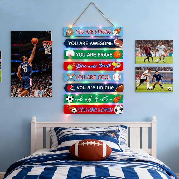 Cool Classic Sport Balls Sign Nursery Wall Decor Set of 8 With LED Lights, 16x5 Modern Motivational Cute Ball Plaque Wall Art for Baby Boy Kid Teen Toddlers, 4 PCS Wooden Quote Gift for Gameroom Gym