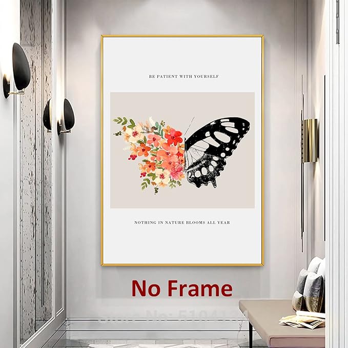 Be Patient with Yourself Art Butterfly Flower Picture Mental Health Wall Art Watercolor Flower Poster Positive Affirmations Pictures Black Butterfly Painting for Living Room Bedroom 16x24in Frameless
