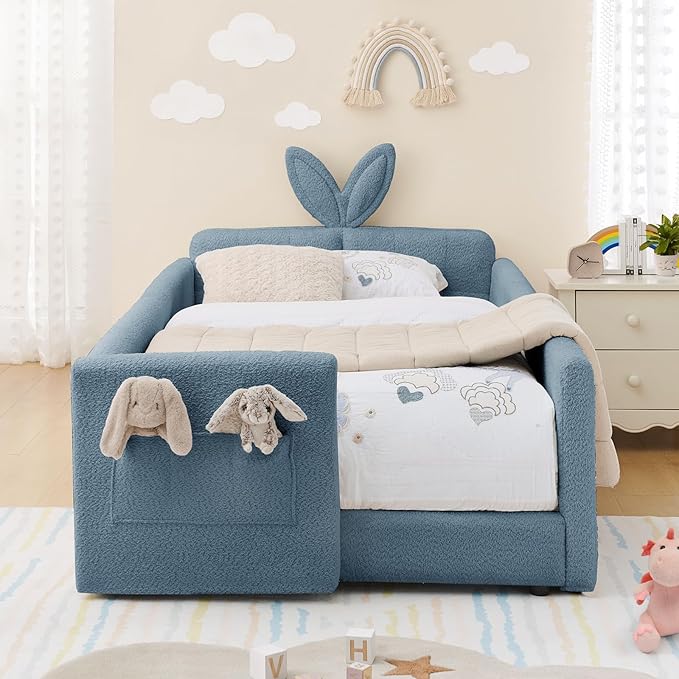 Twin Size Kids Bed with Rabbit Ear Headboard, Upholstered Boucle Fabric Twin Daybed with Slats Support & Side Pockets, Space-Saving Wooden Corner Sofa Couch Bed Frame, for Girls, Boys, Teenager(Blue)