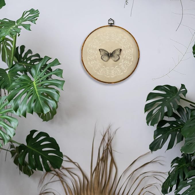 Hiuwevt Vintage Butterfly Round Wall Art Decor, Neutral Moody Butterfly Botanical Framed Canvas Prints, Retro Moth Round Wall Hanging Decor for Home Bedroom Living Room Decorations, 10x10 Inches