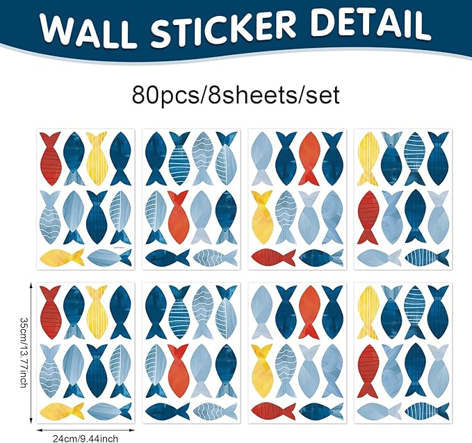 80 Pcs Creative Ocean Fish Wall Decals, Peel and Stick Blue Fish Wall Stickers, Vibrant Sea Life Watercolor Fishing Wall Decor for Kids Room Nursery Bedroom Playroom Classroom