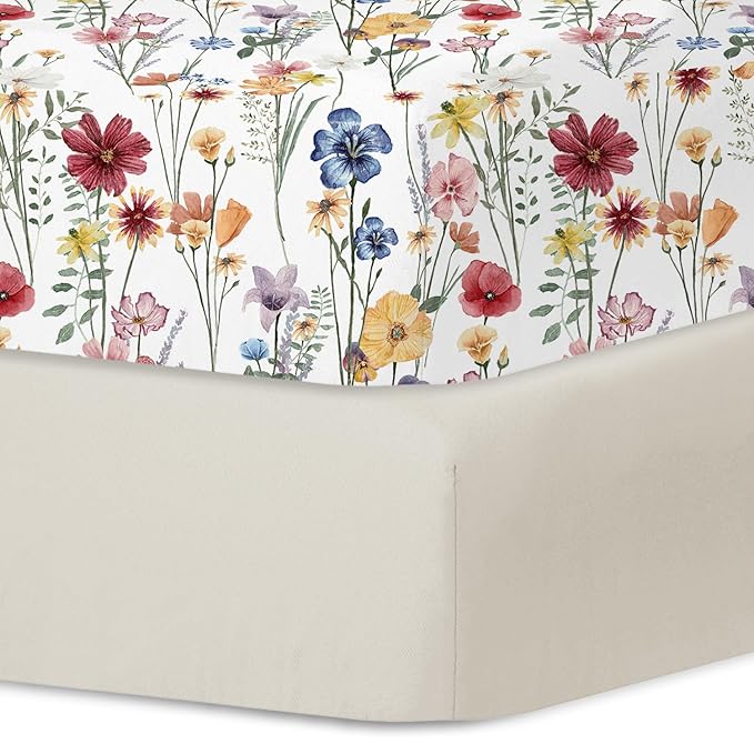 Little Grape Land Pack and Play Sheets Mini Crib Sheets Soft Breathable Pack N Play Sheets, Playard Fitted Sheet 2 Pack Stretchy Fits 38"x26" Playard Mattress, Spring Flower
