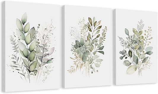 WRFON Watercolor Botanical Wall Art Set of 3 Boho Sage Green Wildflower Canvas Wall Art Prints Modern Floral Wall Decor for Bedroom Living Room Bathroom Decorations Framed 12x16 Inches