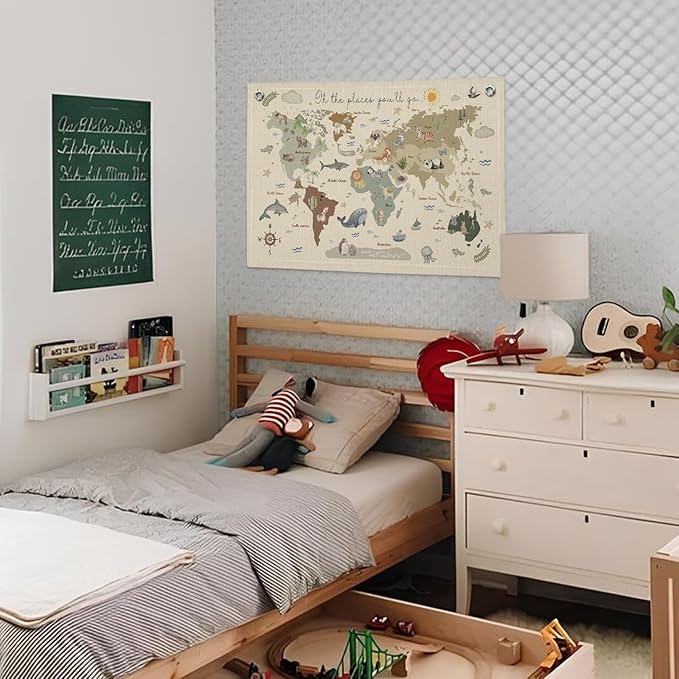 Wheatwin World Map for Kids, World Maps Banner for Playroom Wall 20x30, World Map Cute Wall Hanging Decor Banner Flag for Playroom Nursery Classroom Boys Girls Kids Room Prints