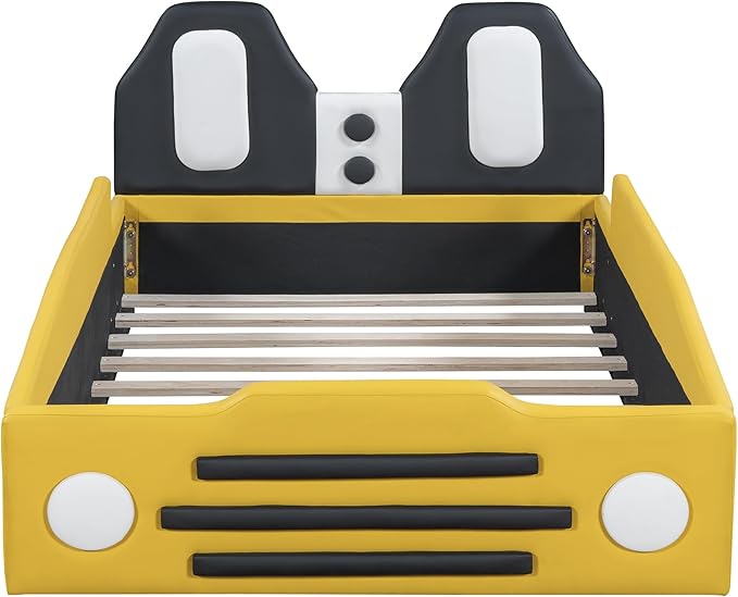 Twin Size Car Bed for Boys,Race Car-Shaped Wooden Platform Bedframe with Wheels & Rails on Both Sides,Slats Support,Fun Play for Kids Toddlers Kid's Bedroom,Yellow PU