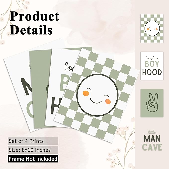OFJE Sage Green Baby Boy Long Live Boyhood and Little Man Cave Wall Art Prints Set of 4, Baby Boys Posters for Nursery Kids Room Playroom Bedroom Decor, 8x10 Unframed