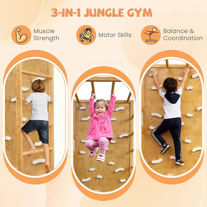 Giantex Twin Bunk Bed with Jungle Gym, 4-in-1 Wooden Loft Bed with Climbing Ladder, Rock Wall & Monkey Bar, Montessori Playhouse Bed with Full Length Guardrail & Wood Slat Support for Kids (Natural)