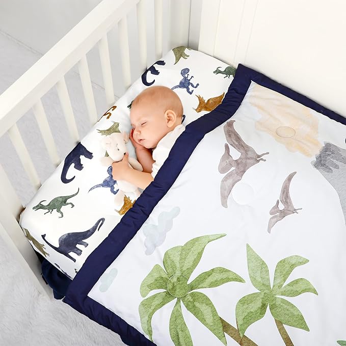 4-Piece Crib Bedding Set， Baby Nursery Bedding Sets for Boys Includes Comforter, Fitted Crib Sheet, Crib Skirt, and Diaper Stacker, Soft Standard Size Crib Comforter Set Blue ，Dinosaur