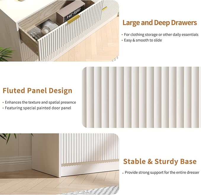 White 6 Drawer Dresser Bedroom,55” Wide Large White Fluted Dresser with Gold Handles, Modern Chest of Drawer for Closet, Bedroom, Living Room