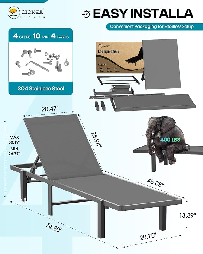 Ciokea Patio Chaise Lounge Chair Set of 2, Outdoor Lounge Chairs with Wheels, 5-Position Adjustable Sun Loungers for Pool, Deck, Beach,Grey