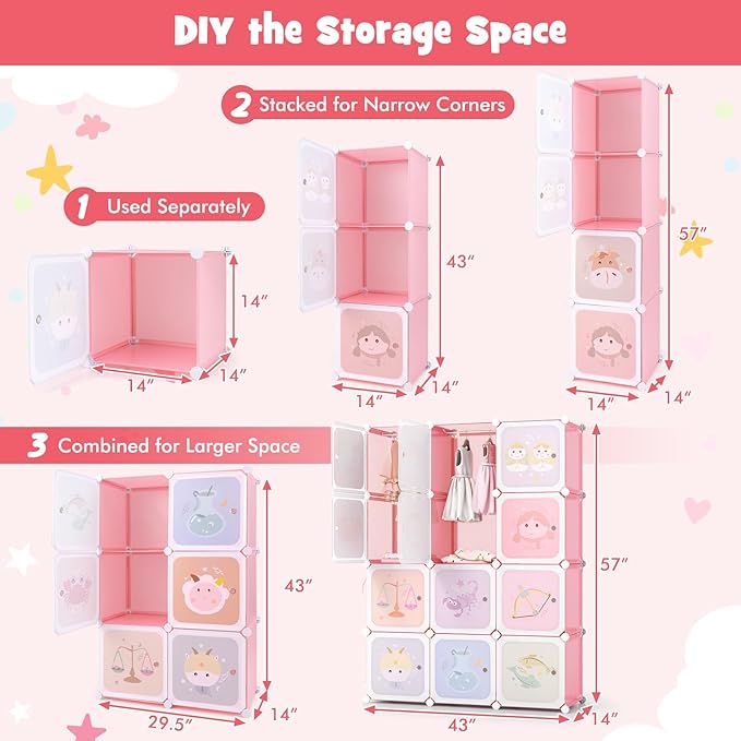 HONEY JOY Kids Wardrobe Closet, Baby Cartoon Clothes Storage Organizer, 12 Cubes & 2 Hanging Sections, Portable Children DIY Modular Bedroom Armoire Dresser Cabinet for Boys Girls (Light Pink)