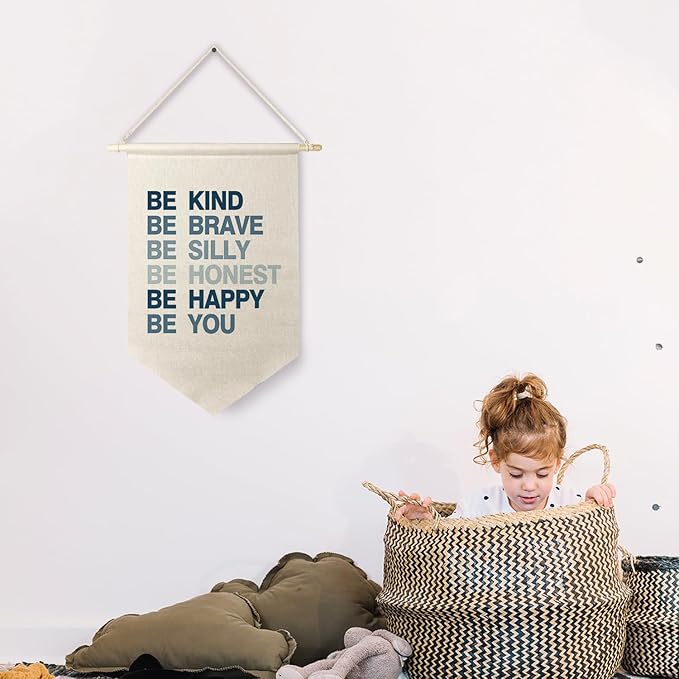 Qpenm Be Kind Be Brave Inspirational Boy Hanging Wall Canvas Banner, Blue Boy Nursery Hanging Pennant Flag Prints for Boys Room Playroom Posters & Prints