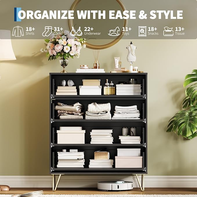 Garvee Fluted Dresser for Bedroom with 4 Drawers,32" Wide Modern Chest of Wooden Bedroom Chest with Metal Handle,Wide Clothes Storage Organizer,Closet Dresser & TV Stand for Living Room,Hallway,Black