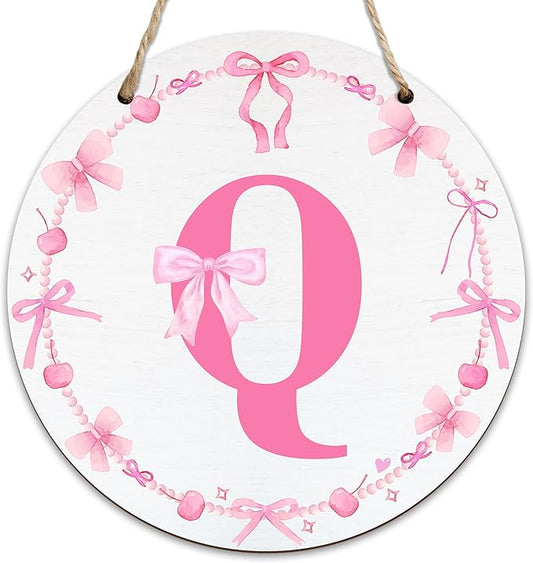 Monogram Round Sign For Front Door, Cherry Bow Theme Sign For Porch Art Wall Door, Initial Signs Hanging Ornament For Indoor Outdoor, Decorations Gifts For Four Seasons Rustic Home Kitchen, Q, A17