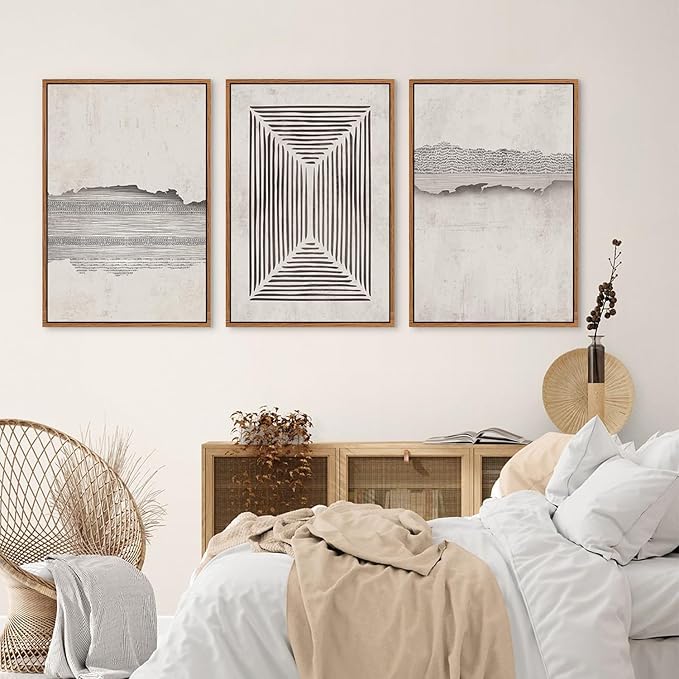 CHDITB Abstract Modern Framed Canvas Wall Art Set, Geometric Line Textured Wall Decor, Minimalist Neutral Wall Painting, Beige Black Art Prints for Living Room, Bedroom, Office - Large Size 16"x24"x3