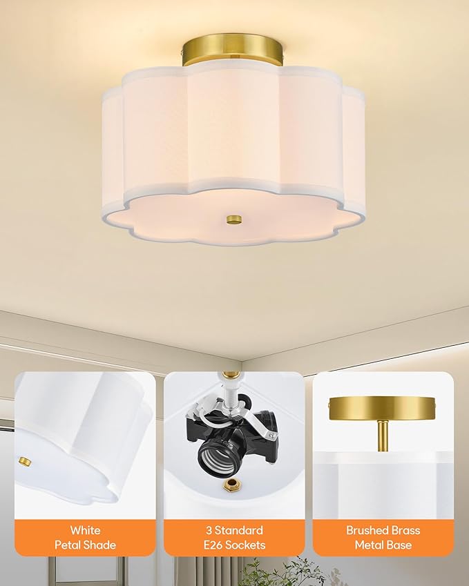 VONLUCE Semi Flush Mount Ceiling Light, 12.6" Ceiling Light Fixture with Flower-Shaped Fabric Shade, 3-Light Modern Light Fixture for Bedroom Living Room Nursery Hallway, White Shade & Gold Finish