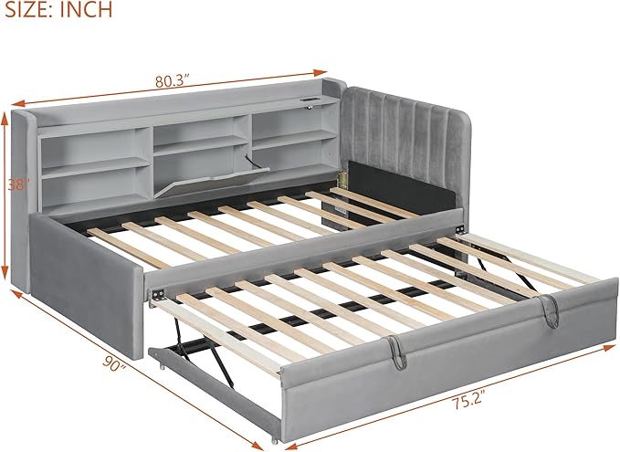 Twin Size Daybed with Trundle and Storage L-Shaped Bookshelf Headboard, Velvet Upholstered Soft Corner Bed with Charging Station and Shelves for Kids Boys Girls, Gray