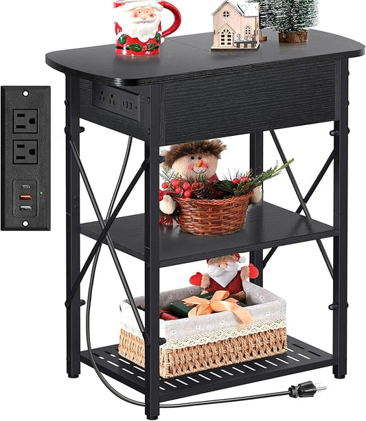 Livofloral Narrow End Table with Charging Station, Side Table with 3 USB Ports and 2 AC Outlets, Flip Top End Table with Storage, Black Side Tables Living Room, Nightstand with Drawer for Bedroom
