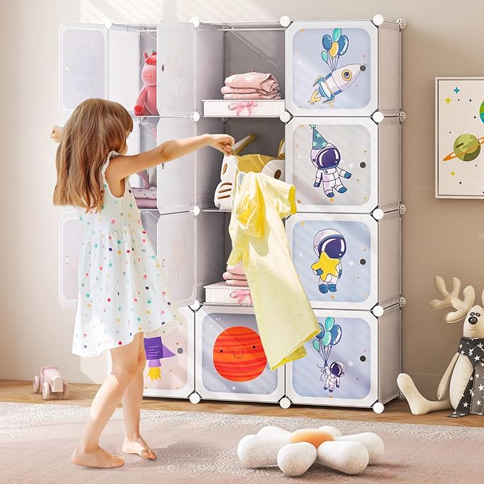 INFANS Children Wardrobe, Kid Closet Portable Baby Dresser Cute for Kids Bedroom Nursery Armoire with Doors 12 Cube 2 Hanging Sections, Kid Clothes Storage Organizer (White, 12 Cubes)