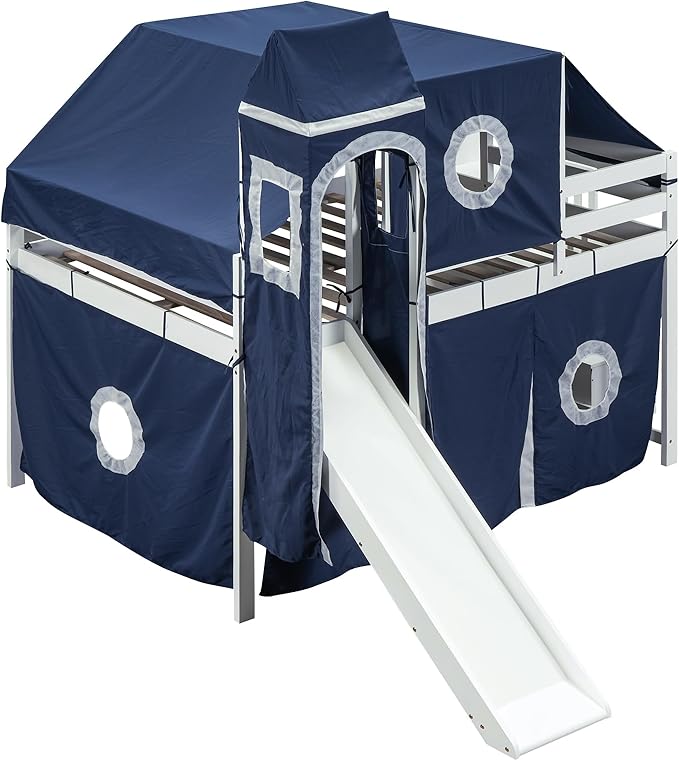 Playhouse Full Size Low Loft Bed with Slide & Tent and Tower, Solid Wood Tent Bed Frame with Storage Staircase for Kids Teens Boys Girls, Versatile Spacious Under Bed Space with Curtains (Blue-TXF)