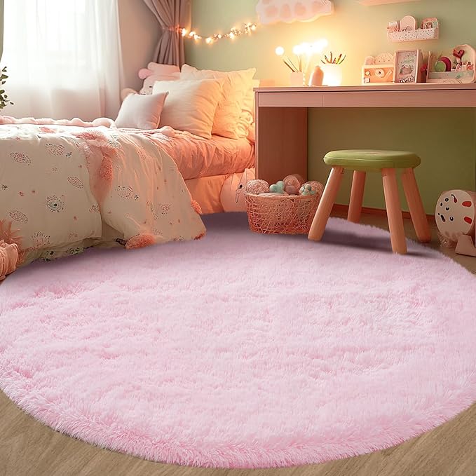 Round Rug 7x7Feet for Living Room: Pink Shag Round Area Rugs for Living Room-7x7Feet Large Ultra Soft Fluffy Carpet for Girls Bedroom- Pink Shaggy Rugs for Bedroom, Nursery Room