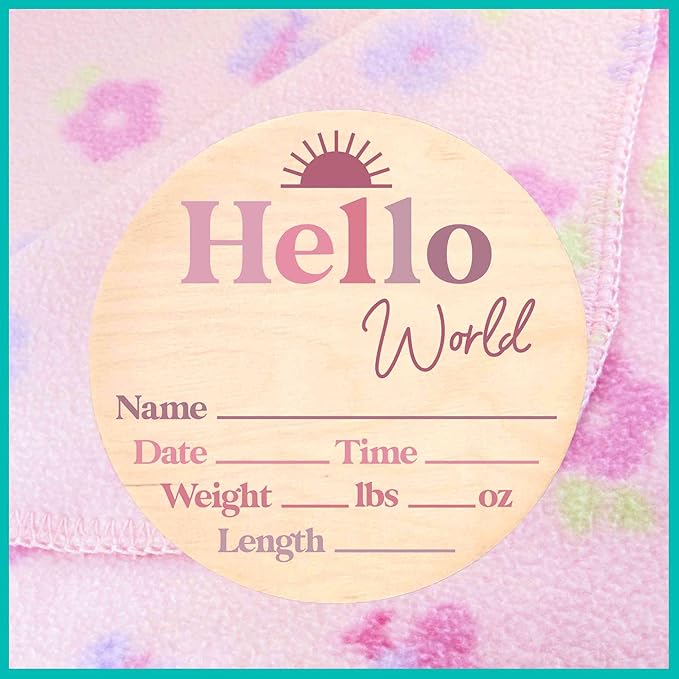 Hello World Newborn Sign - Baby Name Birth Announcement Plaque for Hospital - Photo Prop - Purple Pink Ombre Nursery Decor - Shower Gift