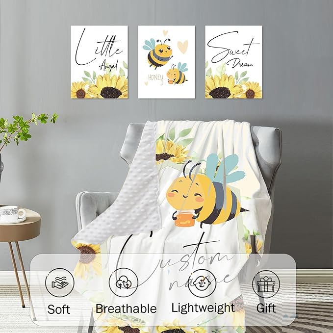 Custom Baby Crib Bedding Set,Personalized Name Yellow Bee Pattern Nursery Bed Set 4 Piece,Baby Blanket Fitted Sheet Nursery Rug Wall Art Set,Custom Room Decor Idea Gift for Newborns Boys Girls