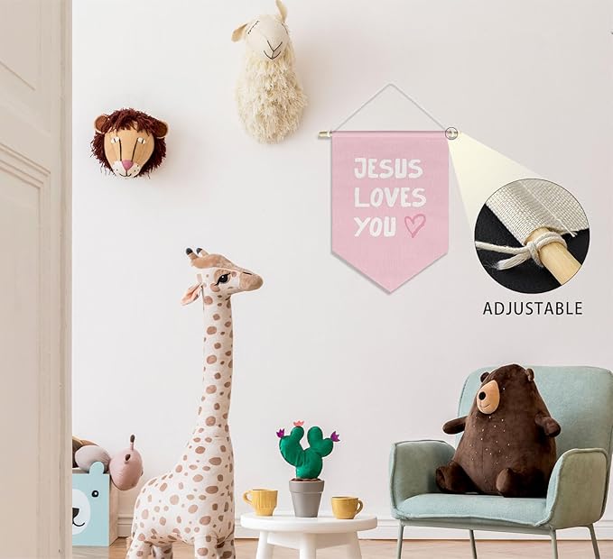 Pink Christian Wall Art for Kids Baby Girl Nursery Classroom Toddler Room Bedroom, Kid Bible Verse Wall Decor Banner Hanging Pennant, Jesus Loves You, 15x11in