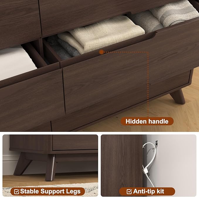 Dresser for Bedroom with 6 Drawers, 55" Large Dresser & Chest of Drawers with Charging Station, Wood Closet Clothes Storage Long Dressers Organizer for Bedroom Living Room Hallway, Brown