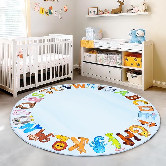 Kids Rugs for Playroom, 4'x4' Round Educational Rug for Learn The ABC Alphabet, Soft Machine Washable Non-Slip Cute Animal Carpet for Classroom Toddler Nursery Kids Room Decor Mat, Blue