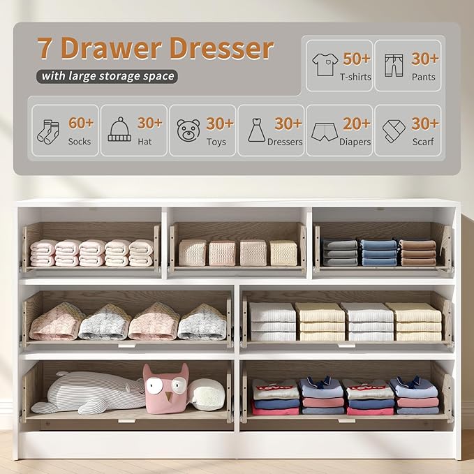 White 7 Drawer Dresser for Bedroom, 55” Wide Fluted Dresser with Gold Handles, Modern Chest of Drawer for Bedroom, Closet, Living Room, Entryway, Hallway, White