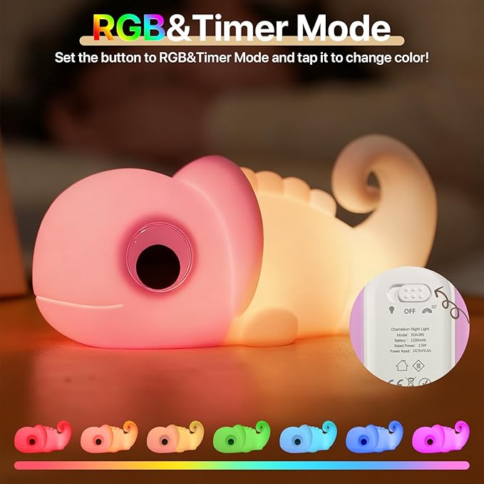 Cute Chameleon Night Light for Kids Rechargeable, Battery Operated Nightlight 3 Level Dimmable with RGB&Timer, Silicone Touch Nursery Lamp for Baby Girls Boys Bedroom Gifts