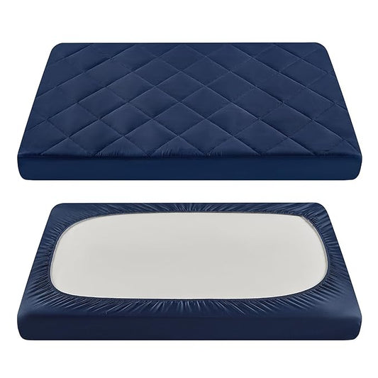 TILLYOU Pack and Play Sheets for Toddler Mattress, Mini Crib Sheets Fitted Up to 3" Deep, Breathable and Soft fit 39"x27", Navy