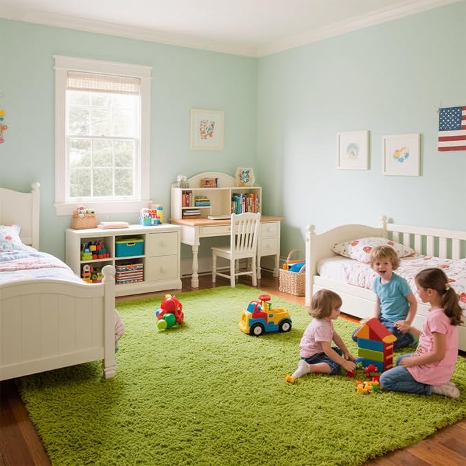 Green Grass Area Rugs for Bedroom Living Room, 8x10 Fluffy Fuzzy Shaggy Carpet for Kids Playroom Nursery Room, Thick Soft Plush Mat for Kids Baby Boys Teen Dorm Home Decor Aesthetic