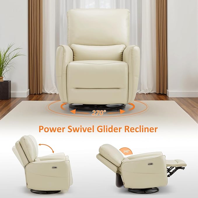 MCombo Power Swivel Rocker Recliner with Lumbar Support, Faux Leather Electric Nursery Glider Recliner Chair for Living Room, 6922 (Cream White)