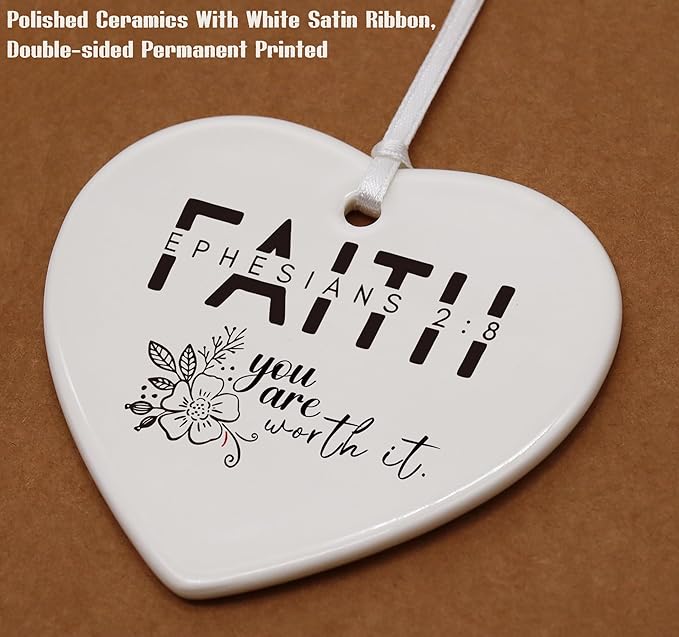 Heart Shaped Christmas Ornament-Christian Scripture Bible Verse Decor-Inspirational Faith Gift for Women Her-Affirmation Quote You are Worth It-Ceramic Ornament Religious Home Keepsake