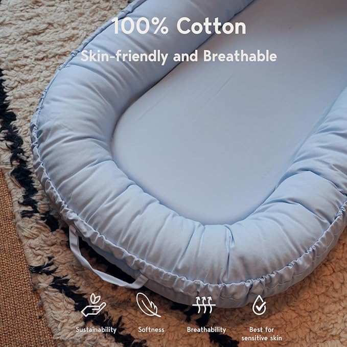Infant Lounger, Baby Nest Cover for Baby Girls & Boys, Newborn Essentials for Baby 0-12 Months, 100% Cotton Breathable (Baby_Blue)