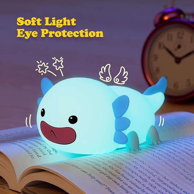 UNEEDE Axolotl Night Light for Kids, Animal Silicone Nursery Night Lamp, Rechargeable Table Lamp Bedside Lamp, Cute Room Decor Night Light for Bedroom Living Room Dining Desk Decor Gift Kawaii Toys