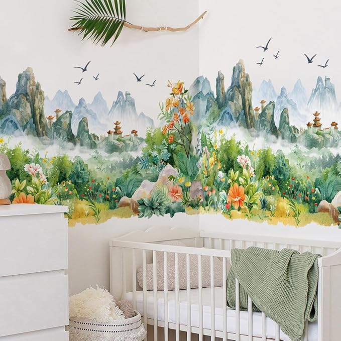 AM AMAONM Chinese Style Nature Mountain Landscapes View Wall Stickers Watercolor Green Plants Flowers Wall Decals 3D Peel and Stick Wall Art Decor for Nursery Home Wall Corner
